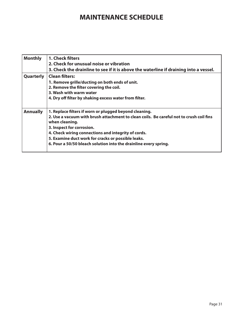 Maintenance schedule | WhisperKool PLATINUM 8000 User Manual | Page 31 / 39