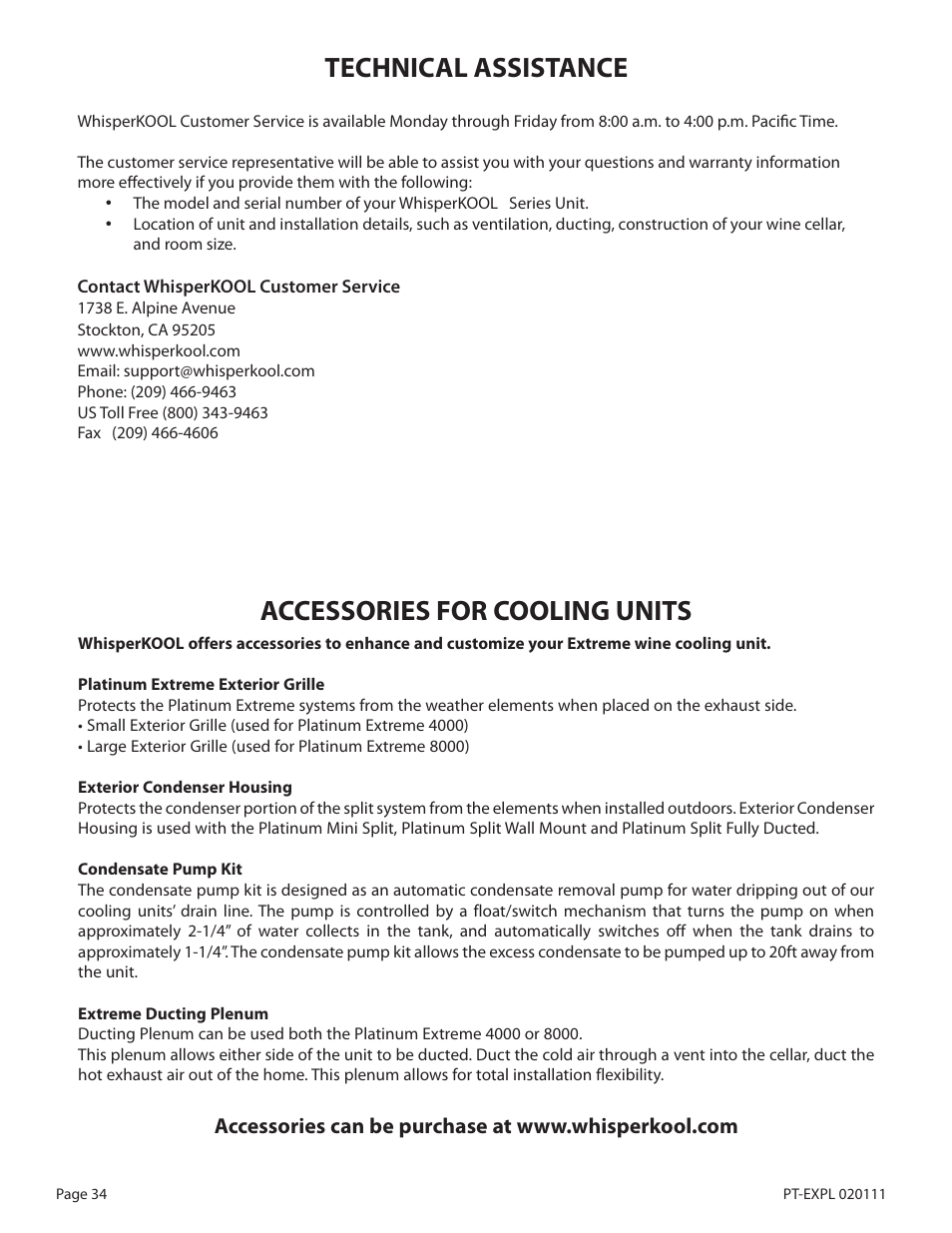 Technical assistance, Accessories for cooling units | WhisperKool PLATINUM 8000 User Manual | Page 34 / 39