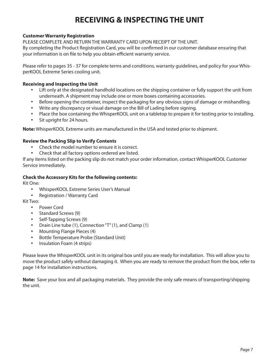 Receiving & inspecting the unit | WhisperKool PLATINUM 8000 User Manual | Page 7 / 39