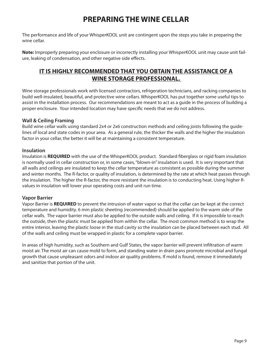 Preparing the wine cellar | WhisperKool PLATINUM 8000 User Manual | Page 9 / 39