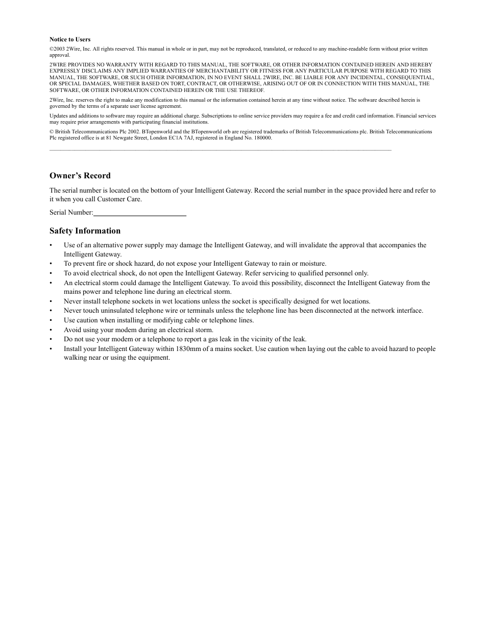 Owner’s record, Safety information | Wire World Of America 1800 User Manual | Page 2 / 148