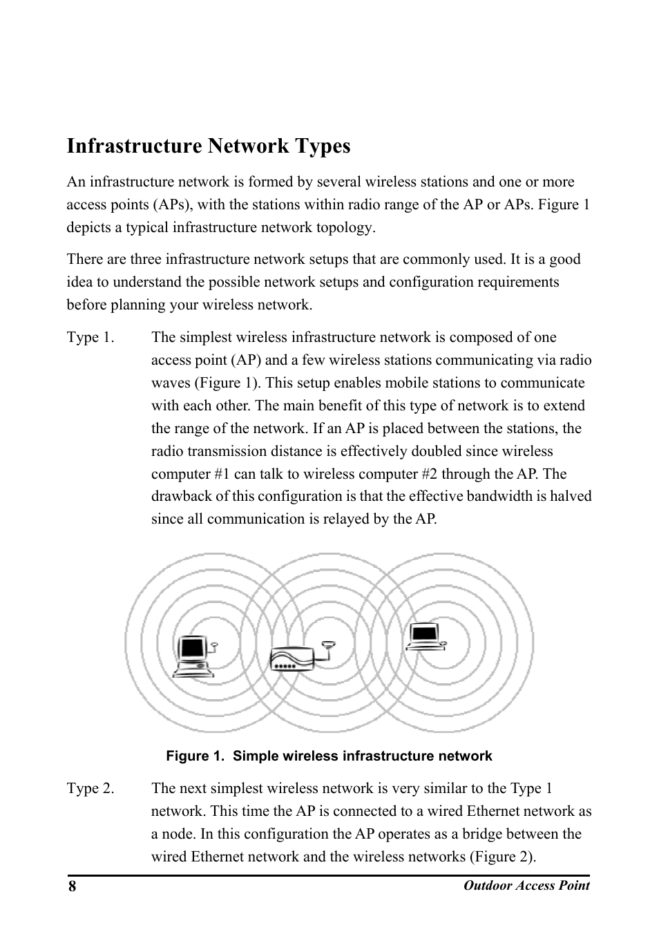 Planning the network, Infrastructure network types, Nfrastructure | Etwork, Ypes, Igure, Imple wireless infrastructure network | WHP Wireless WHP-1100 User Manual | Page 14 / 57