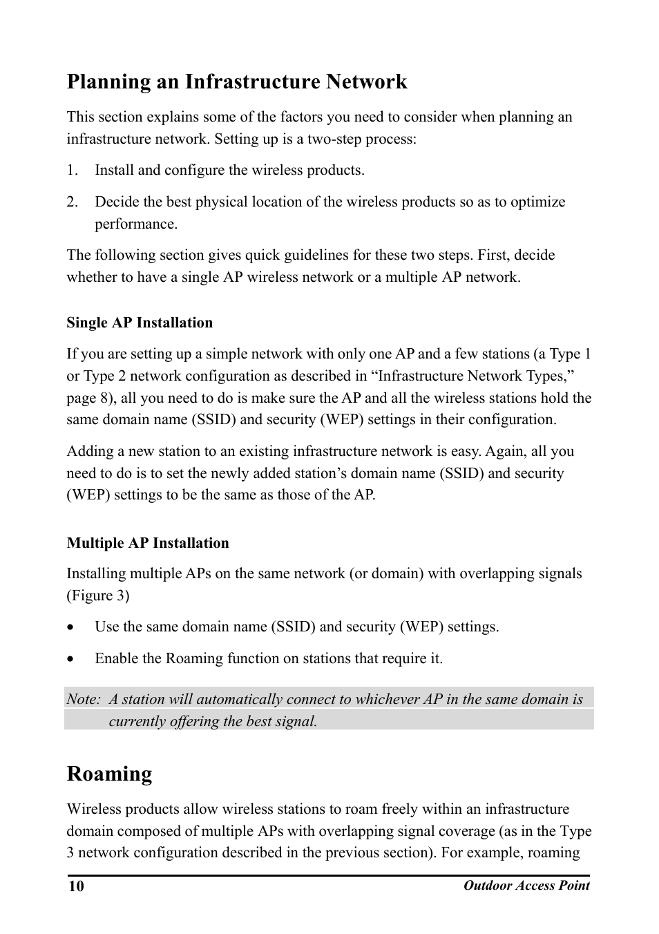 Planning an infrastructure network, Single ap installation, Multiple ap installation | Roaming, Lanning an, Nfrastructure, Etwork, Single ap installation multiple ap installation, Oaming | WHP Wireless WHP-1100 User Manual | Page 16 / 57