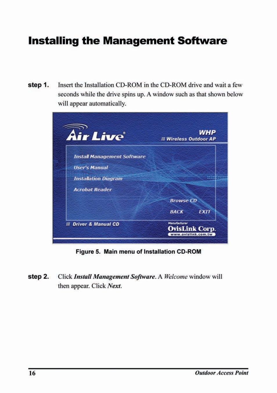 Installing the wlan management system, Igure, Ain menu of | Nstallation, Cd-rom | WHP Wireless WHP-1100 User Manual | Page 22 / 57