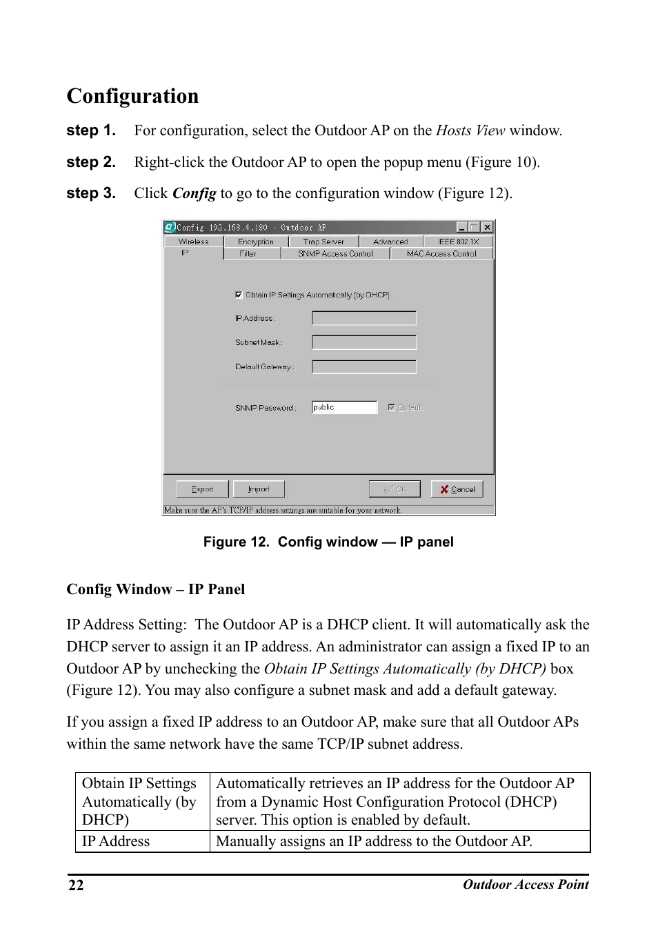 Configuration, Config window – ip panel, Onfiguration | Igure, Onfig window, Panel | WHP Wireless WHP-1100 User Manual | Page 28 / 57