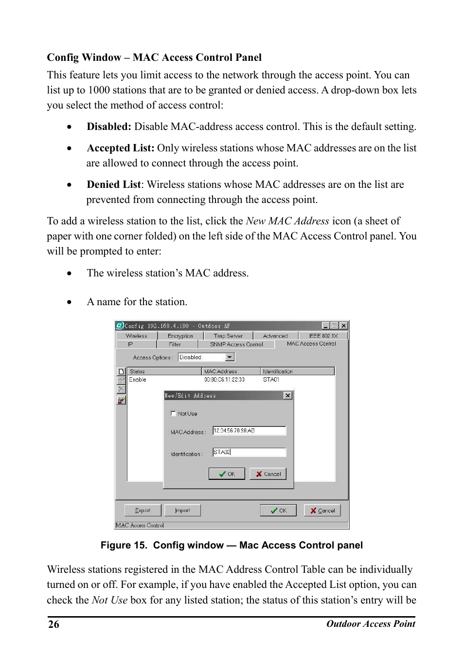 Config window – mac access control panel, Igure, Onfig window | Ccess, Ontrol panel | WHP Wireless WHP-1100 User Manual | Page 32 / 57