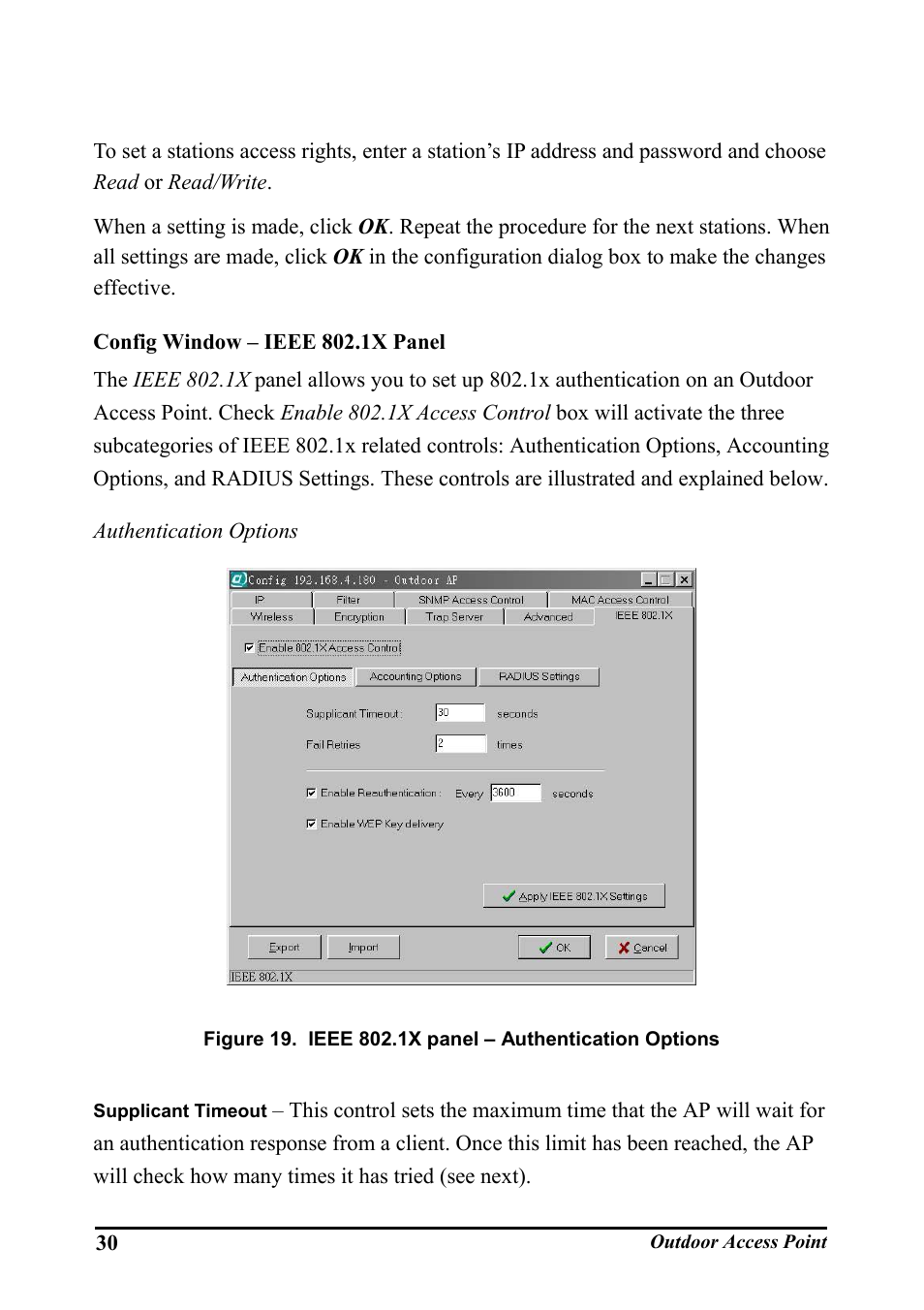 Config window – ieee 802.1x panel, Igure, Ieee 802.1x | Panel, Uthentication, Ptions | WHP Wireless WHP-1100 User Manual | Page 36 / 57