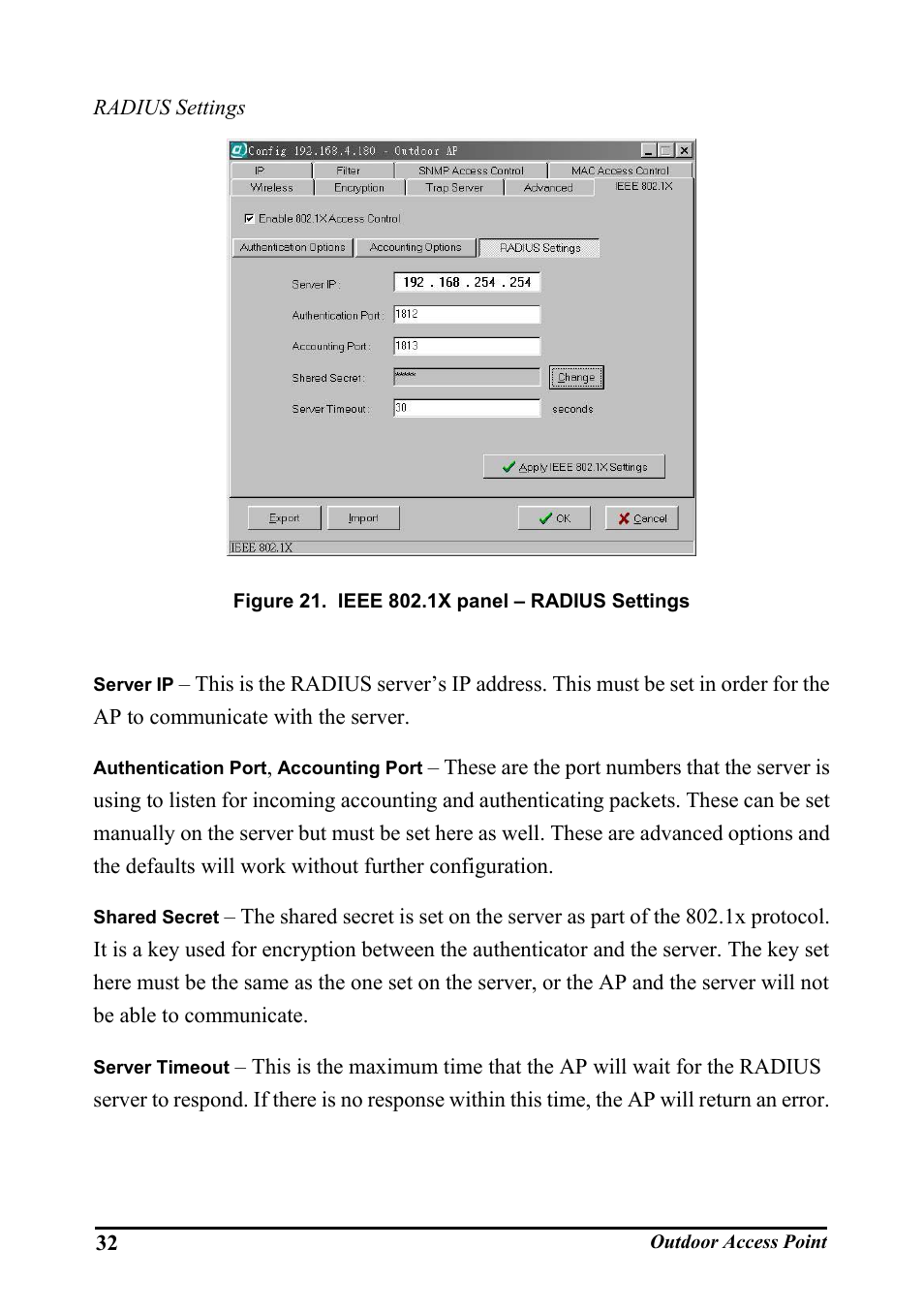 Igure, Ieee 802.1x, Panel | Radius s, Ettings | WHP Wireless WHP-1100 User Manual | Page 38 / 57