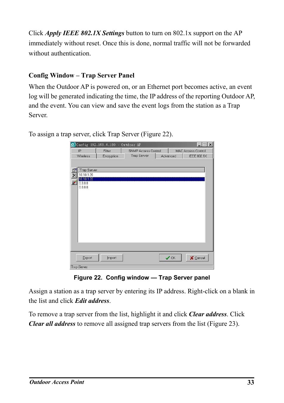 Config window – trap server panel, Igure, Onfig window | Erver panel | WHP Wireless WHP-1100 User Manual | Page 39 / 57