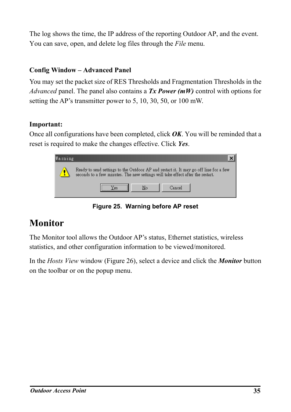 Config window – advanced panel, Monitor, Onitor | Igure, Arning before, Reset | WHP Wireless WHP-1100 User Manual | Page 41 / 57