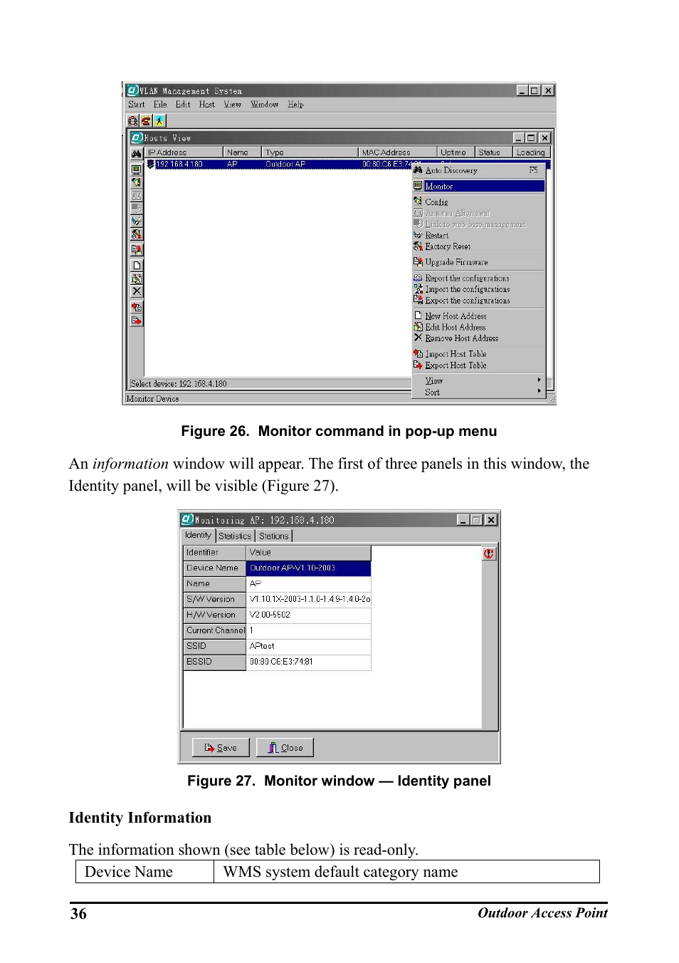Identity information, Igure, Onitor command in pop | Up menu, Onitor window, Dentity panel | WHP Wireless WHP-1100 User Manual | Page 42 / 57