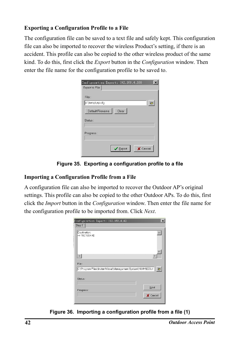 Exporting a configuration profile to a file, Importing a configuration profile from a file, Igure | Xporting a configuration profile to a file, Mporting a configuration profile from a file | WHP Wireless WHP-1100 User Manual | Page 48 / 57