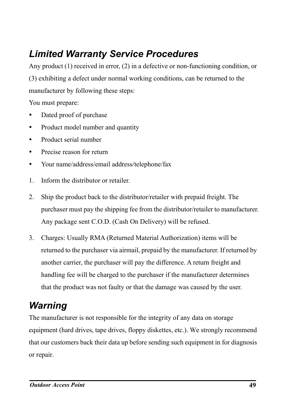Limited warranty service procedures, Warning | WHP Wireless WHP-1100 User Manual | Page 55 / 57