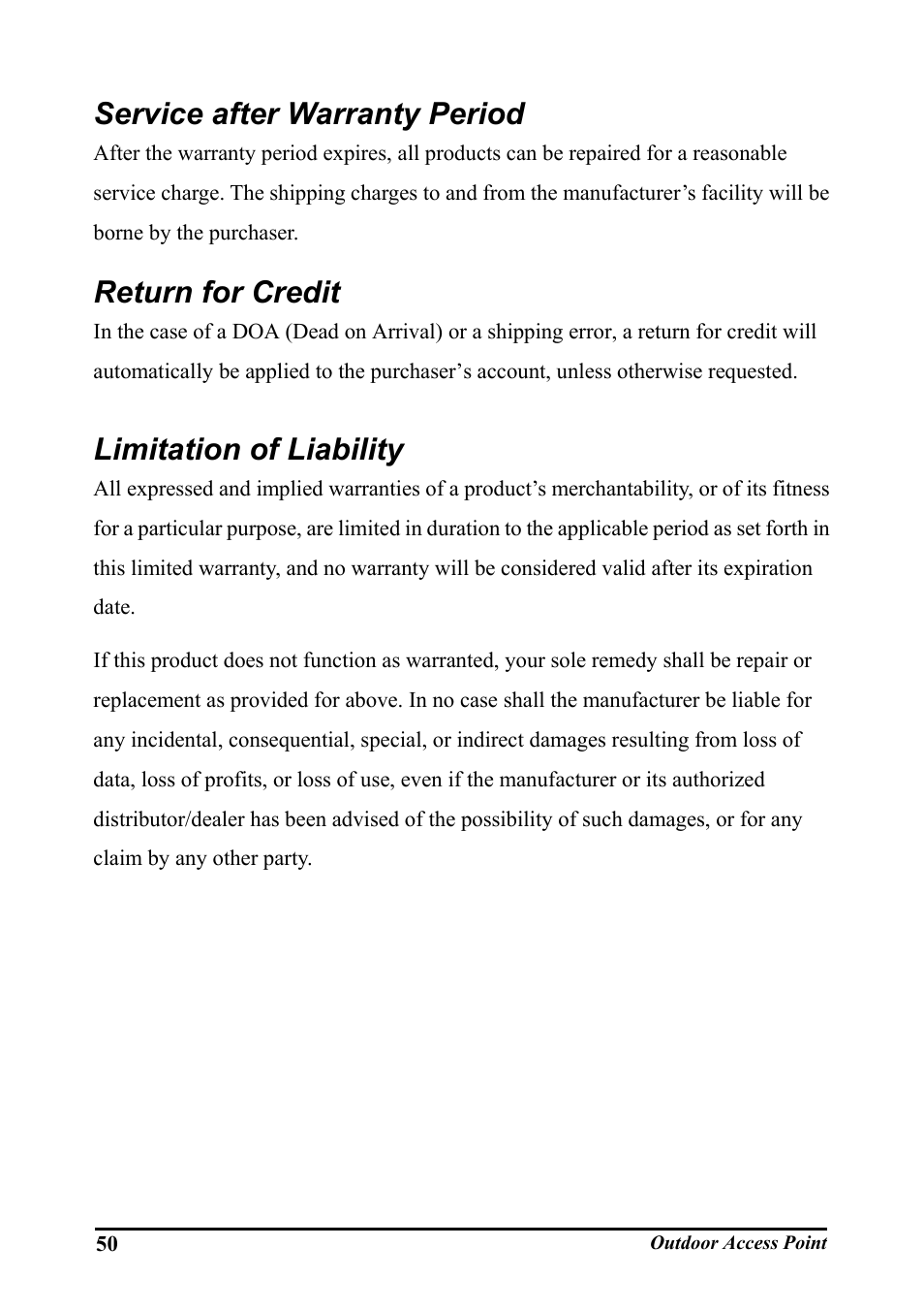 Service after warranty period, Return for credit, Limitation of liability | WHP Wireless WHP-1100 User Manual | Page 56 / 57