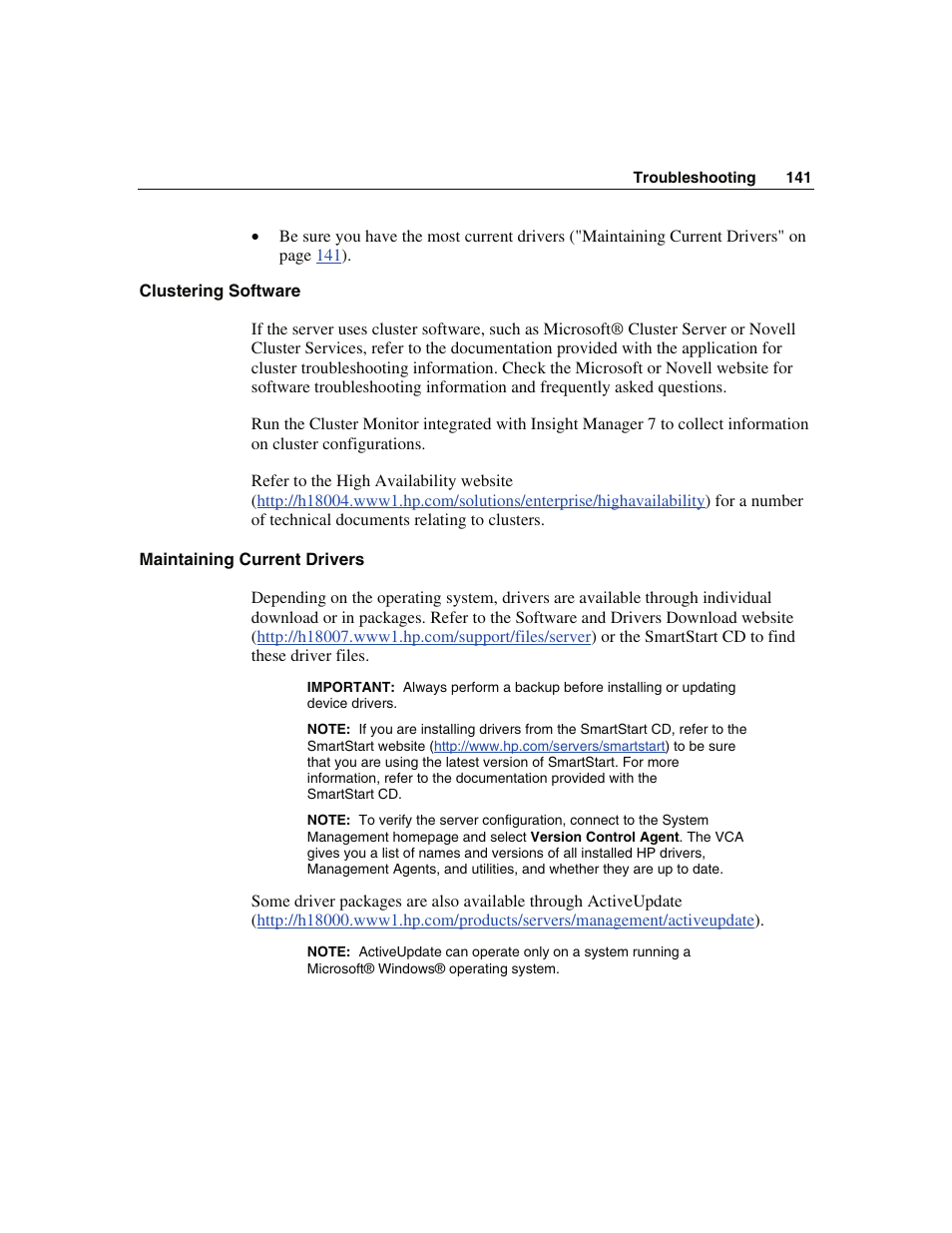 Clustering software, Maintaining current drivers | WHP Wireless DL360 User Manual | Page 141 / 246
