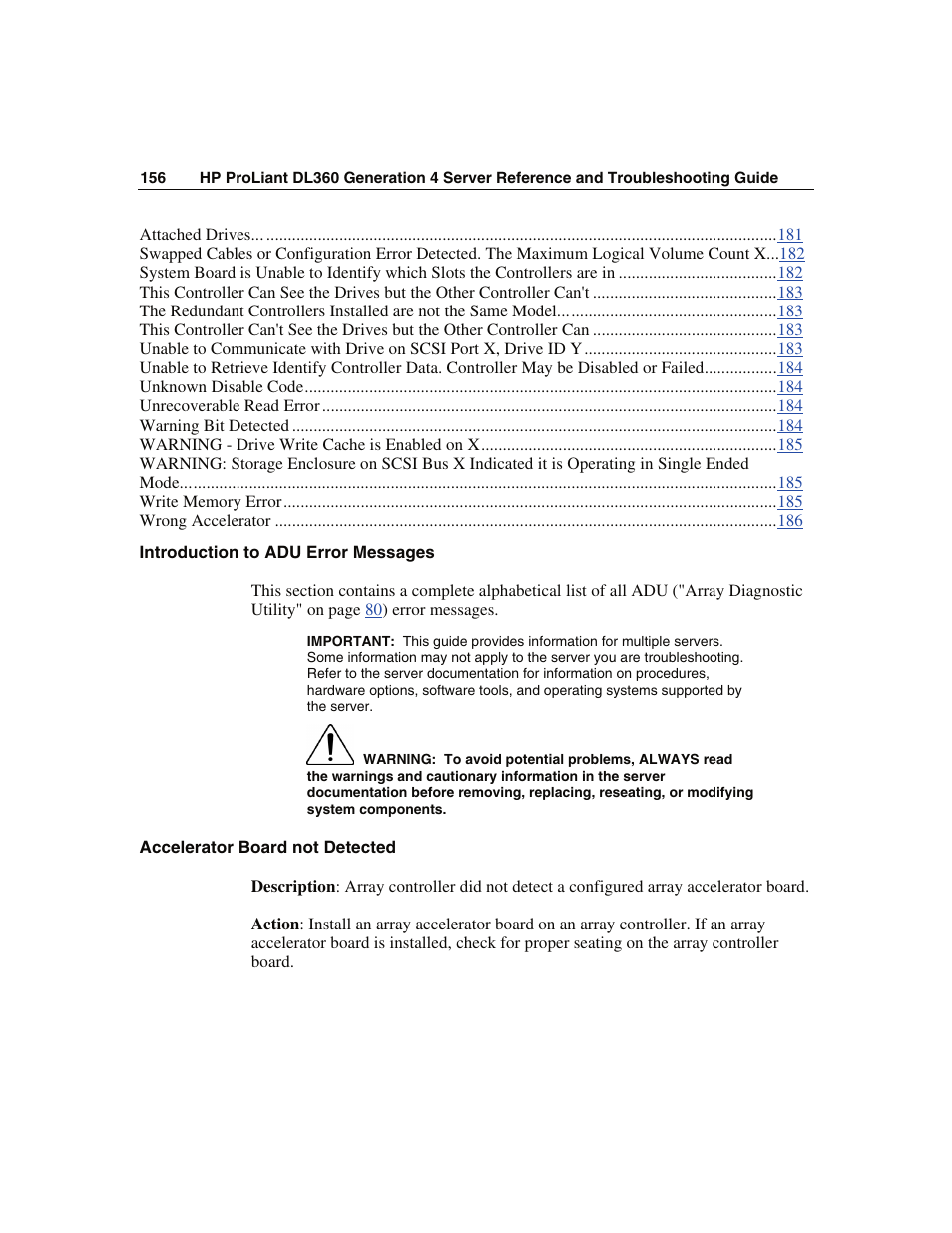 Introduction to adu error messages, Accelerator board not detected | WHP Wireless DL360 User Manual | Page 156 / 246