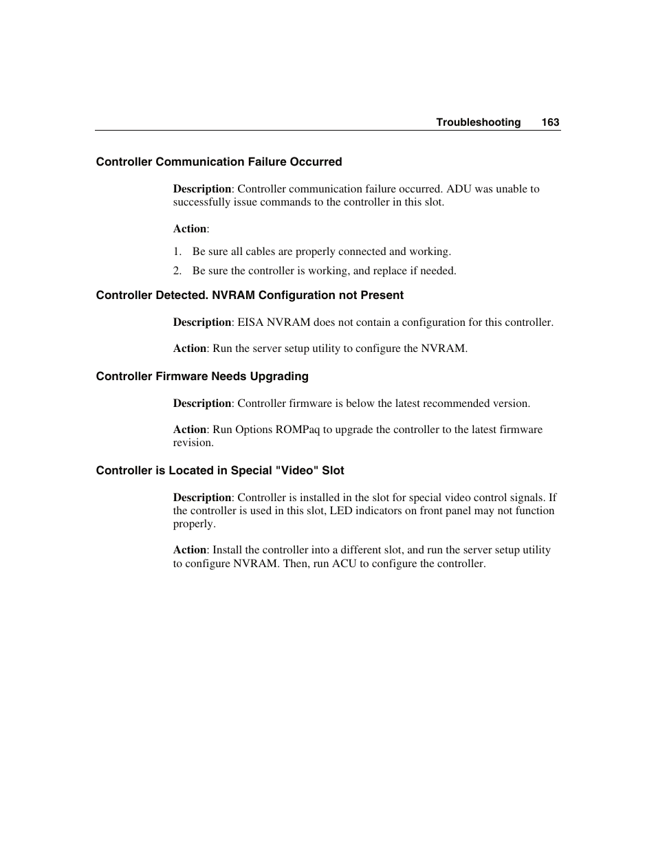 Controller communication failure occurred, Controller firmware needs upgrading, Controller is located in special "video" slot | WHP Wireless DL360 User Manual | Page 163 / 246
