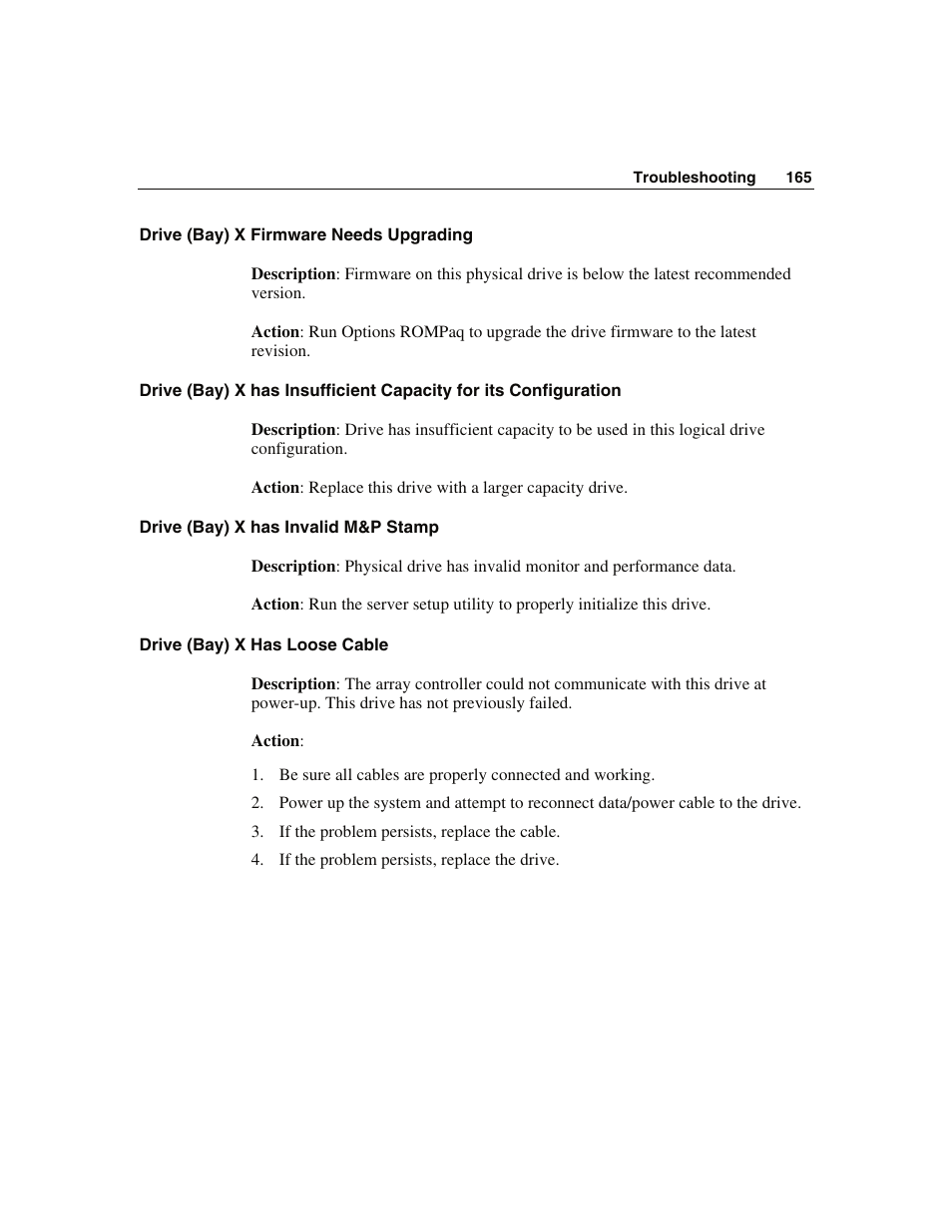 Drive (bay) x firmware needs upgrading, Drive (bay) x has invalid m&p stamp, Drive (bay) x has loose cable | Upgrading | WHP Wireless DL360 User Manual | Page 165 / 246