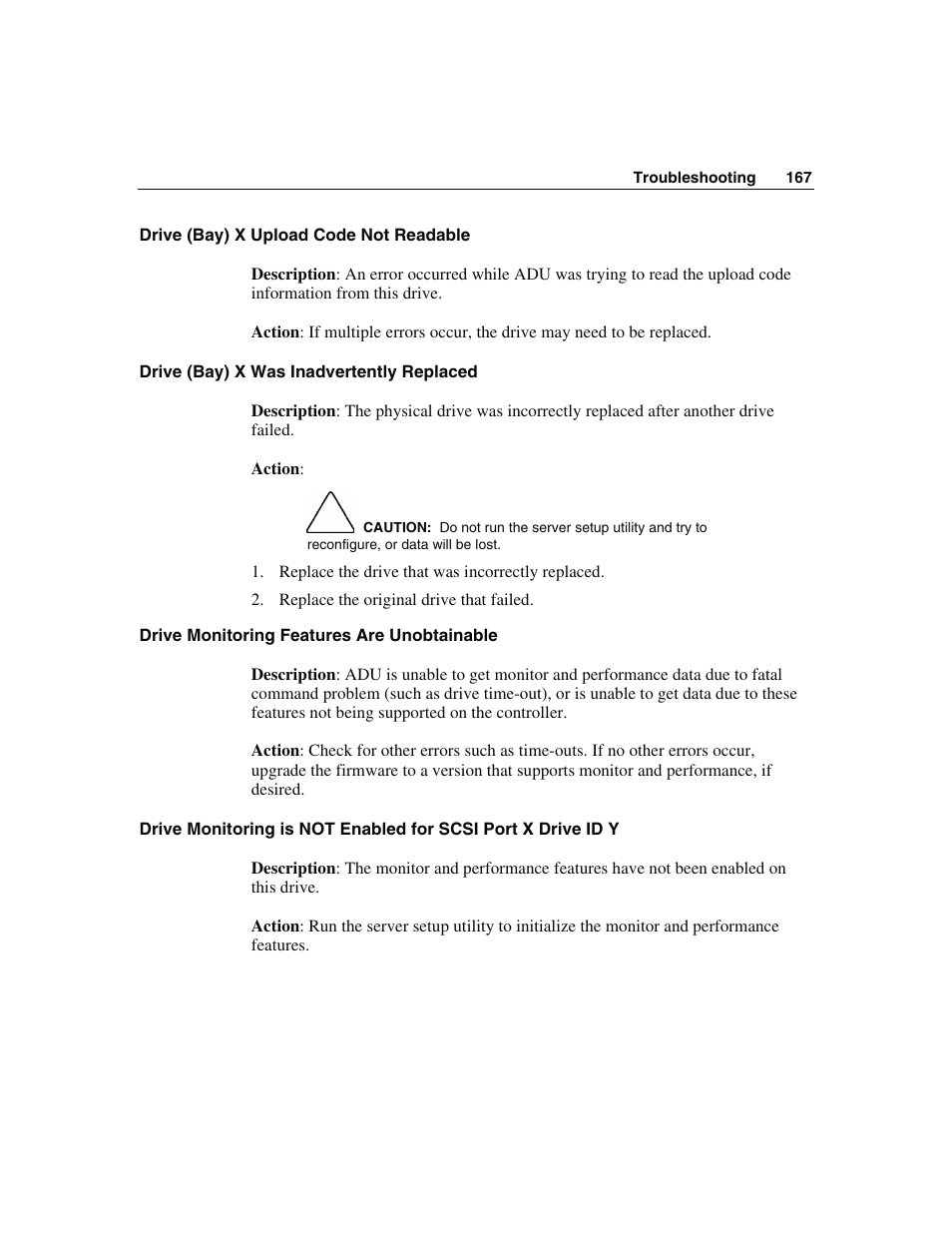 Drive (bay) x upload code not readable, Drive (bay) x was inadvertently replaced, Drive monitoring features are unobtainable | WHP Wireless DL360 User Manual | Page 167 / 246
