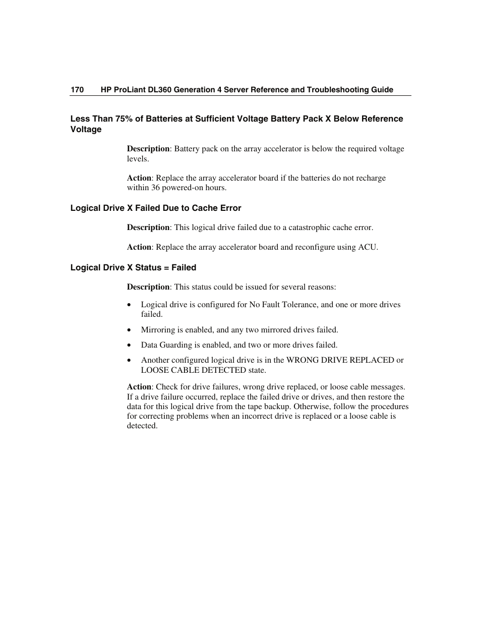 Logical drive x failed due to cache error, Logical drive x status = failed | WHP Wireless DL360 User Manual | Page 170 / 246