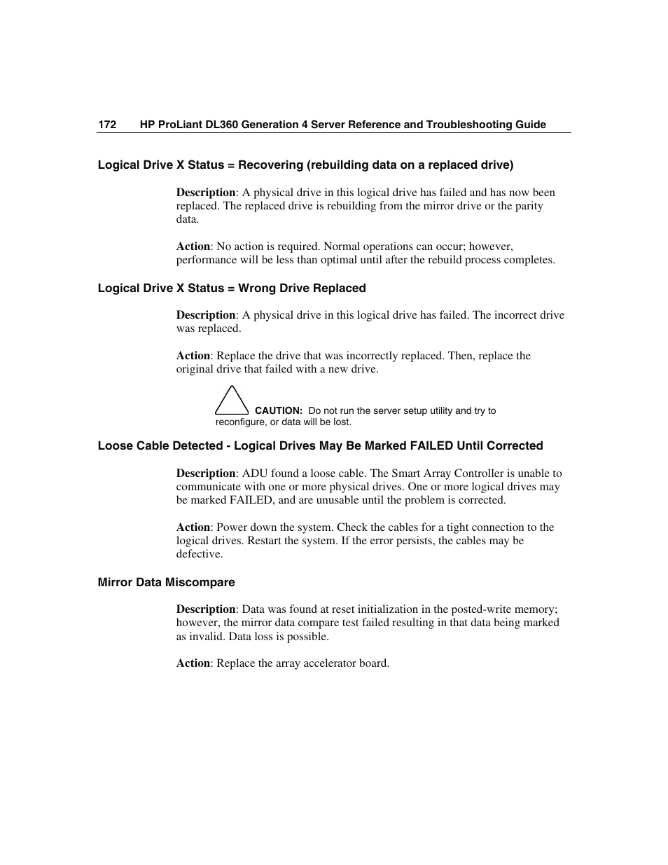 Logical drive x status = wrong drive replaced, Mirror data miscompare | WHP Wireless DL360 User Manual | Page 172 / 246