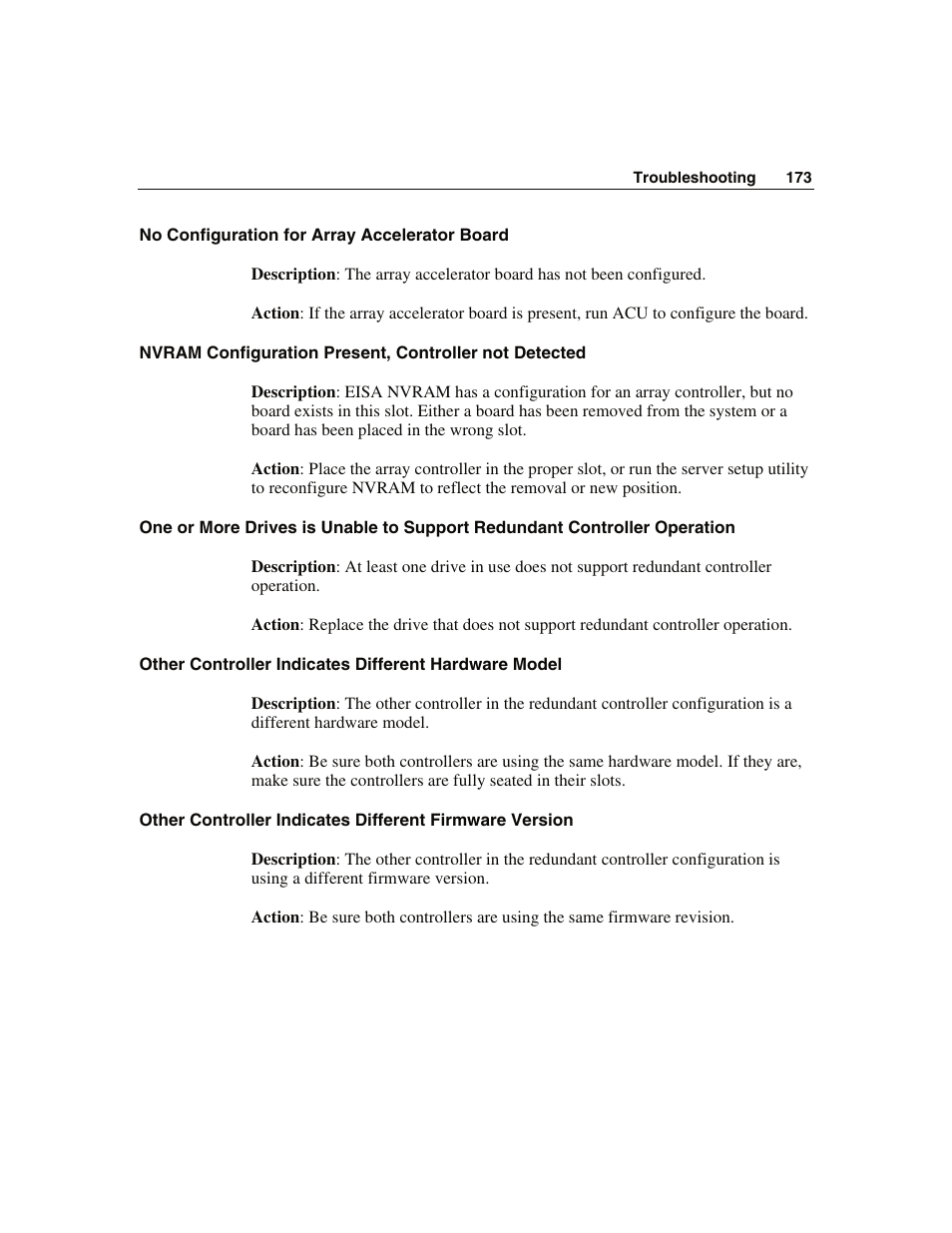 No configuration for array accelerator board, Esent, controller not detected, Different hardware model | Re version | WHP Wireless DL360 User Manual | Page 173 / 246