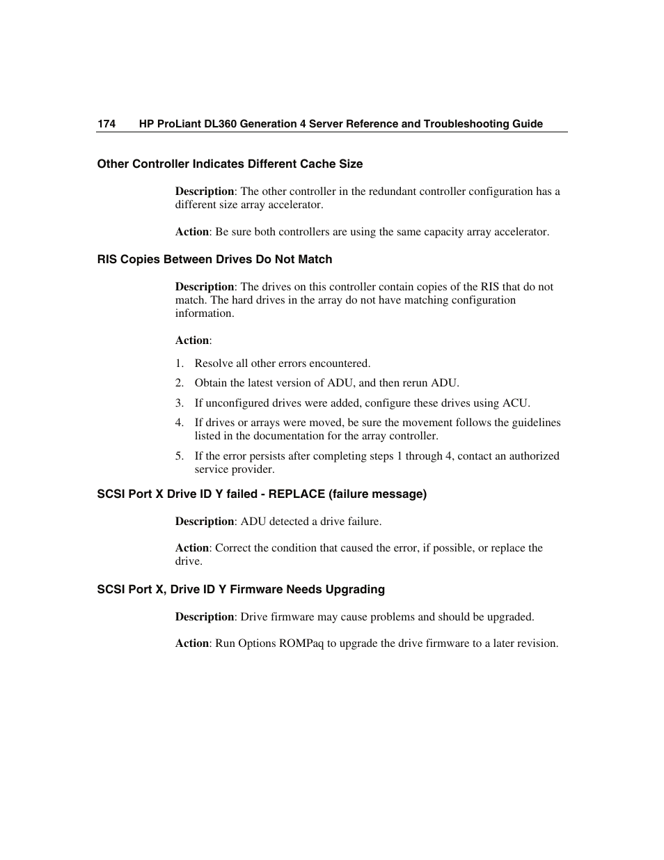 Other controller indicates different cache size, Ris copies between drives do not match, Scsi port x, drive id y firmware needs upgrading | WHP Wireless DL360 User Manual | Page 174 / 246