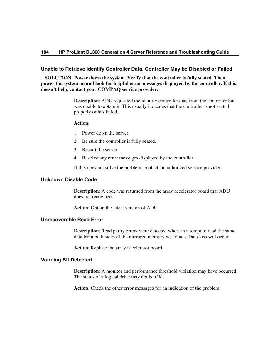 Unknown disable code, Unrecoverable read error, Warning bit detected | WHP Wireless DL360 User Manual | Page 184 / 246
