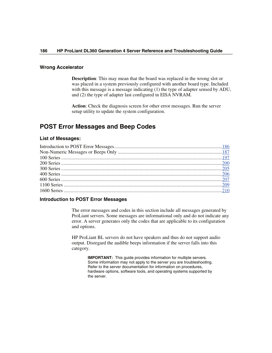 Wrong accelerator, Post error messages and beep codes, Introduction to post error messages | WHP Wireless DL360 User Manual | Page 186 / 246