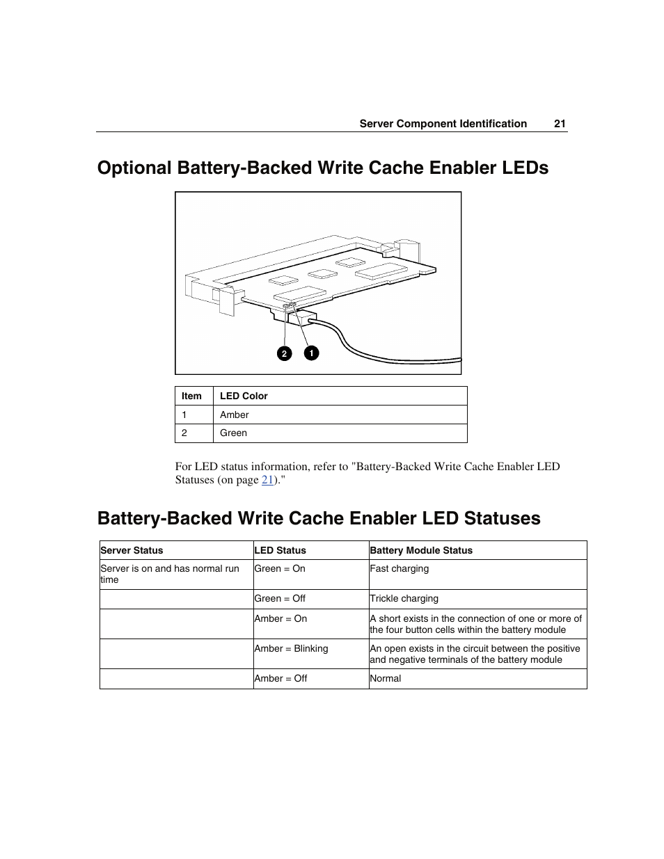 Optional battery-backed write cache enabler leds, Battery-backed write cache enabler led statuses | WHP Wireless DL360 User Manual | Page 21 / 246