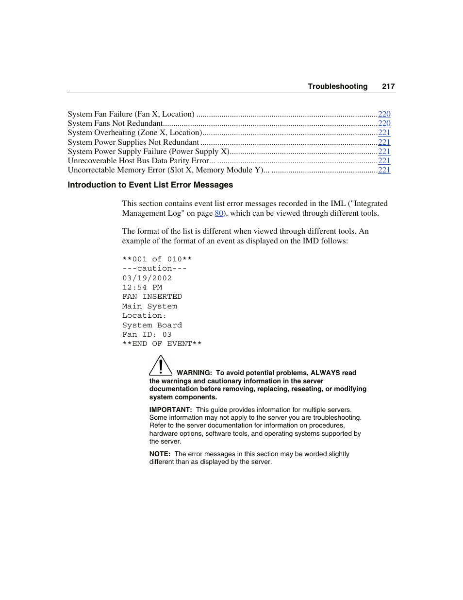 Introduction to event list error messages | WHP Wireless DL360 User Manual | Page 217 / 246