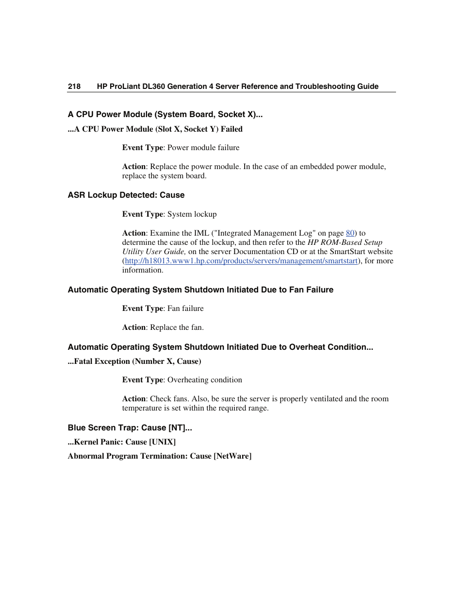 A cpu power module (system board, socket x), Asr lockup detected: cause, Blue screen trap: cause [nt | WHP Wireless DL360 User Manual | Page 218 / 246