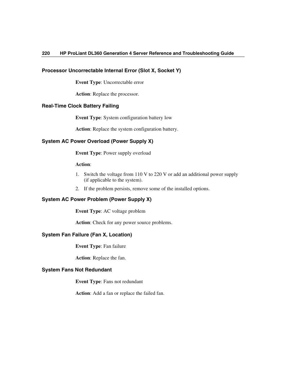 Real-time clock battery failing, System ac power overload (power supply x), System ac power problem (power supply x) | System fan failure (fan x, location), System fans not redundant | WHP Wireless DL360 User Manual | Page 220 / 246