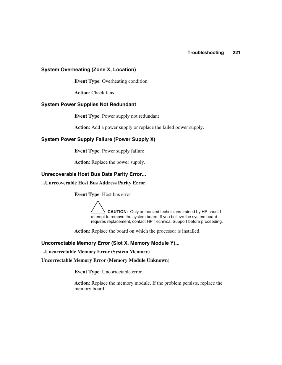 System overheating (zone x, location), System power supplies not redundant, System power supply failure (power supply x) | Unrecoverable host bus data parity error | WHP Wireless DL360 User Manual | Page 221 / 246