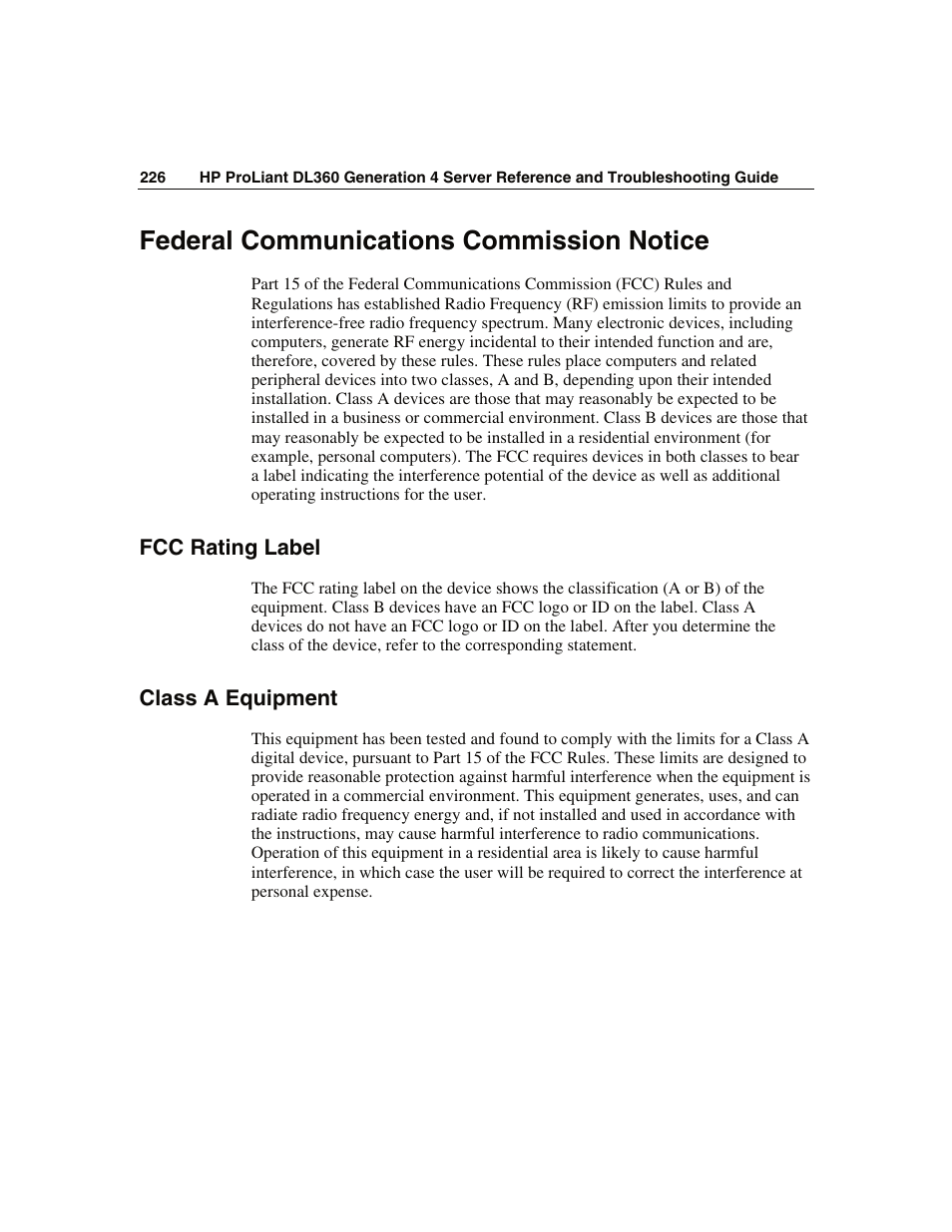 Federal communications commission notice, Fcc rating label, Class a equipment | WHP Wireless DL360 User Manual | Page 226 / 246