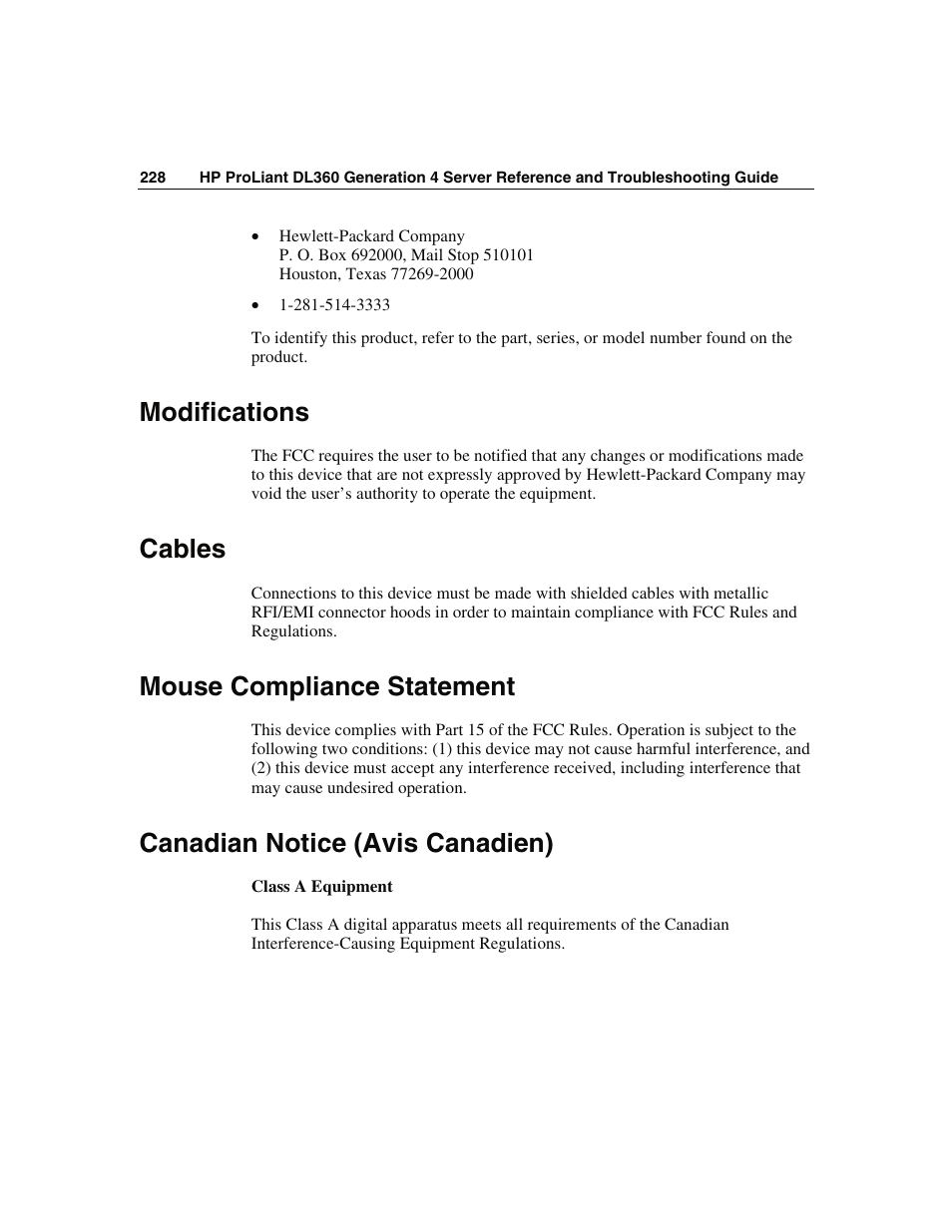 Modifications, Cables, Mouse compliance statement | Canadian notice (avis canadien) | WHP Wireless DL360 User Manual | Page 228 / 246