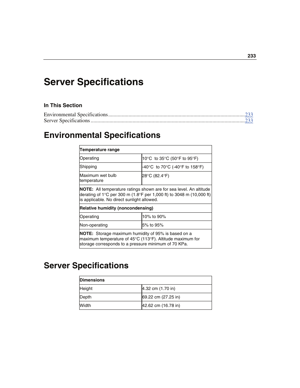 Server specifications, Environmental specifications | WHP Wireless DL360 User Manual | Page 233 / 246
