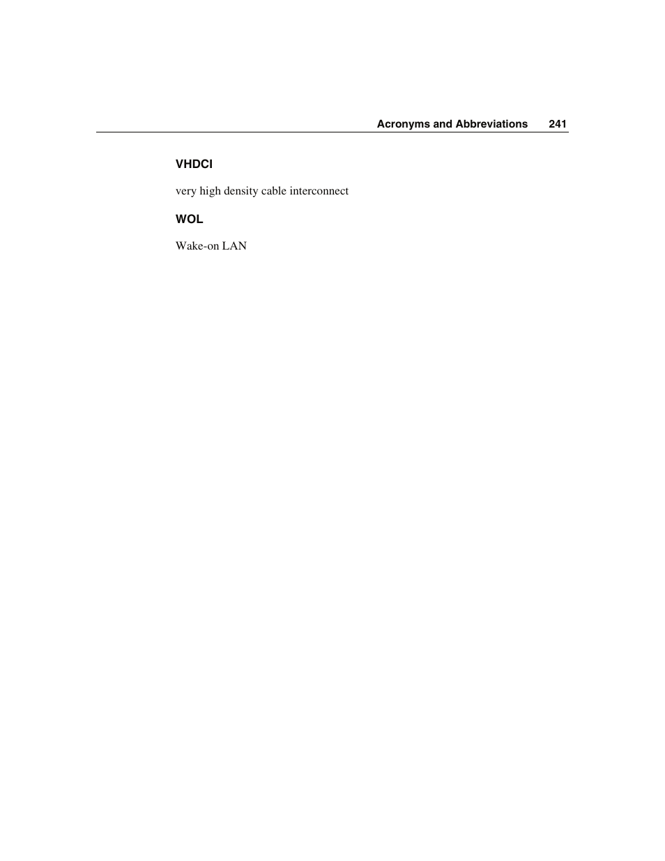 Vhdci very high density cable interconnect, Wol wake-on lan | WHP Wireless DL360 User Manual | Page 241 / 246