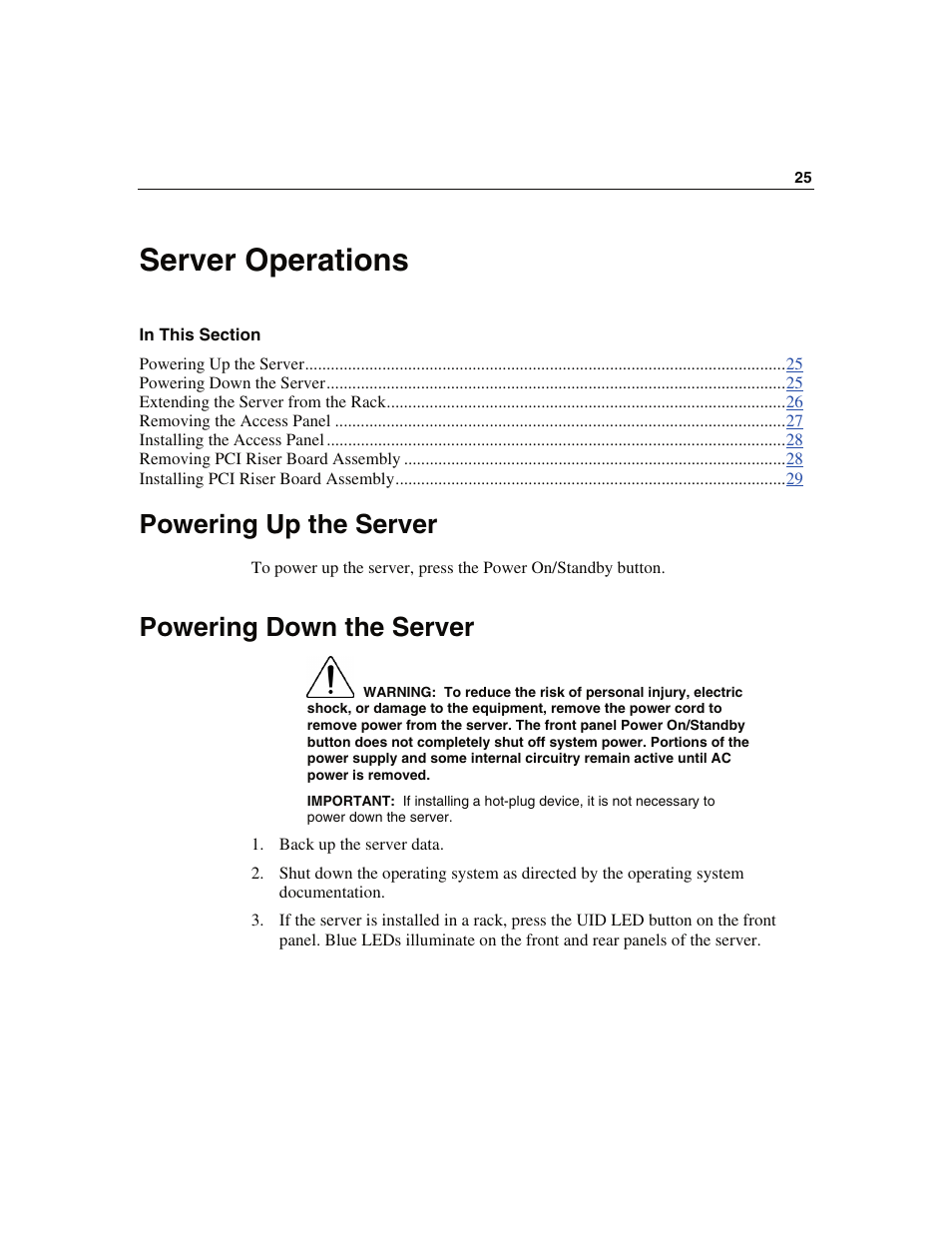 Server operations, Powering up the server, Powering down the server | WHP Wireless DL360 User Manual | Page 25 / 246