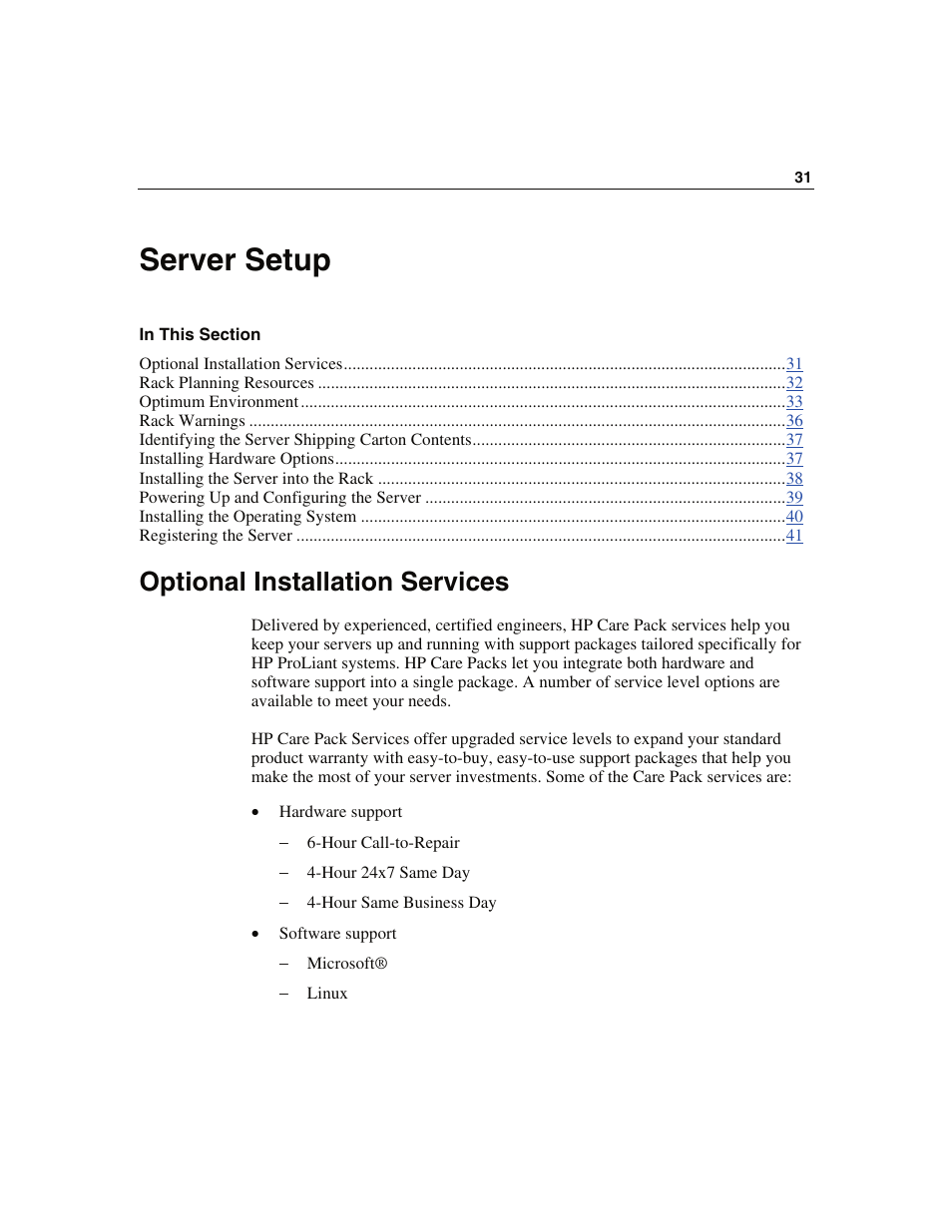 Server setup, Optional installation services | WHP Wireless DL360 User Manual | Page 31 / 246