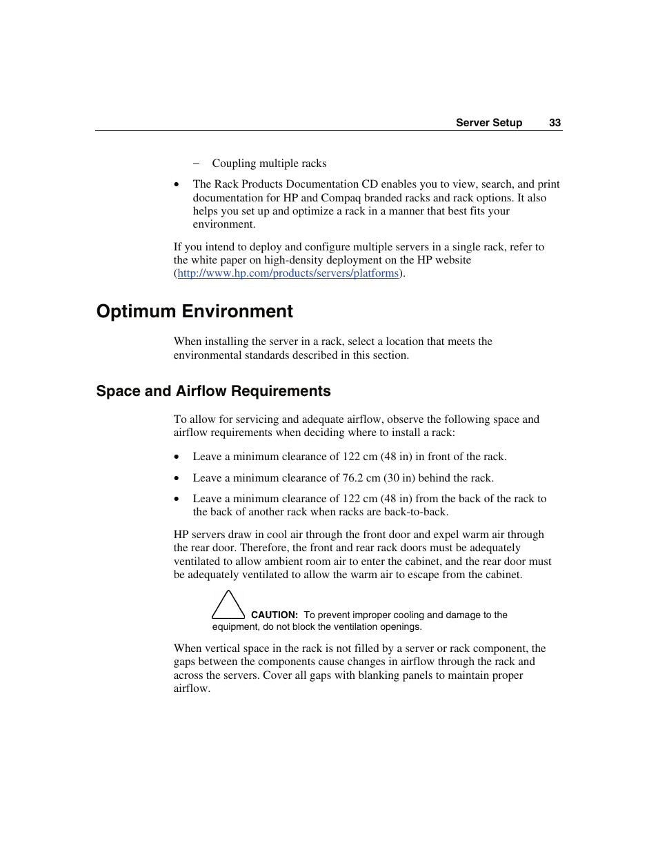 Optimum environment, Space and airflow requirements | WHP Wireless DL360 User Manual | Page 33 / 246