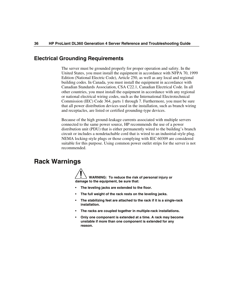 Electrical grounding requirements, Rack warnings | WHP Wireless DL360 User Manual | Page 36 / 246
