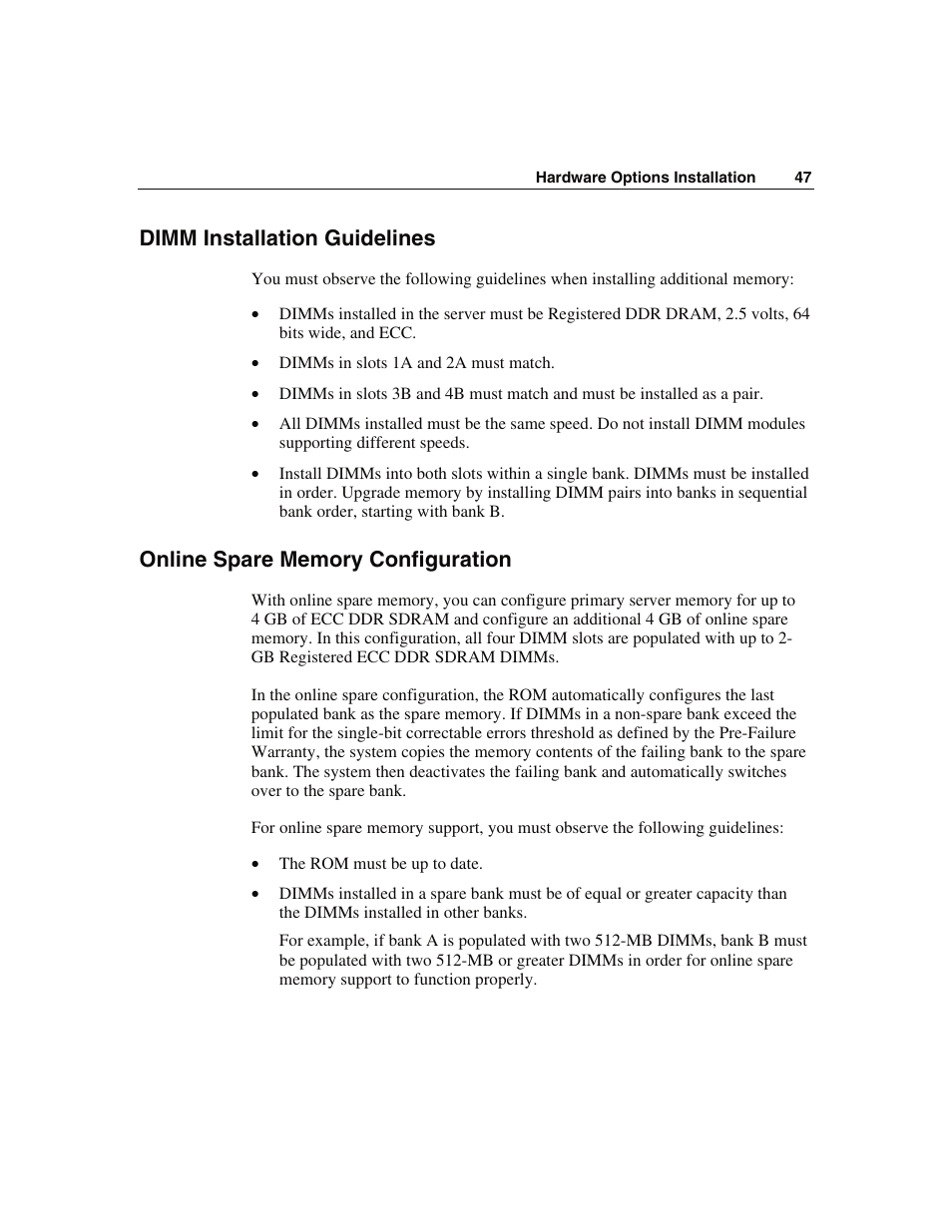 Dimm installation guidelines, Online spare memory configuration | WHP Wireless DL360 User Manual | Page 47 / 246