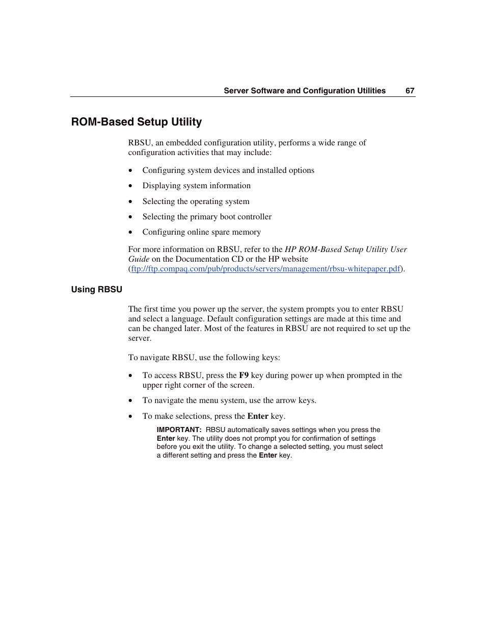 Rom-based setup utility, Using rbsu, On the d | WHP Wireless DL360 User Manual | Page 67 / 246