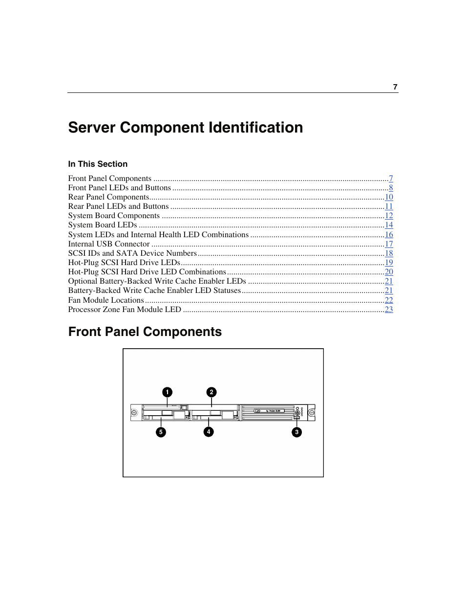 Server component identification, Front panel components | WHP Wireless DL360 User Manual | Page 7 / 246