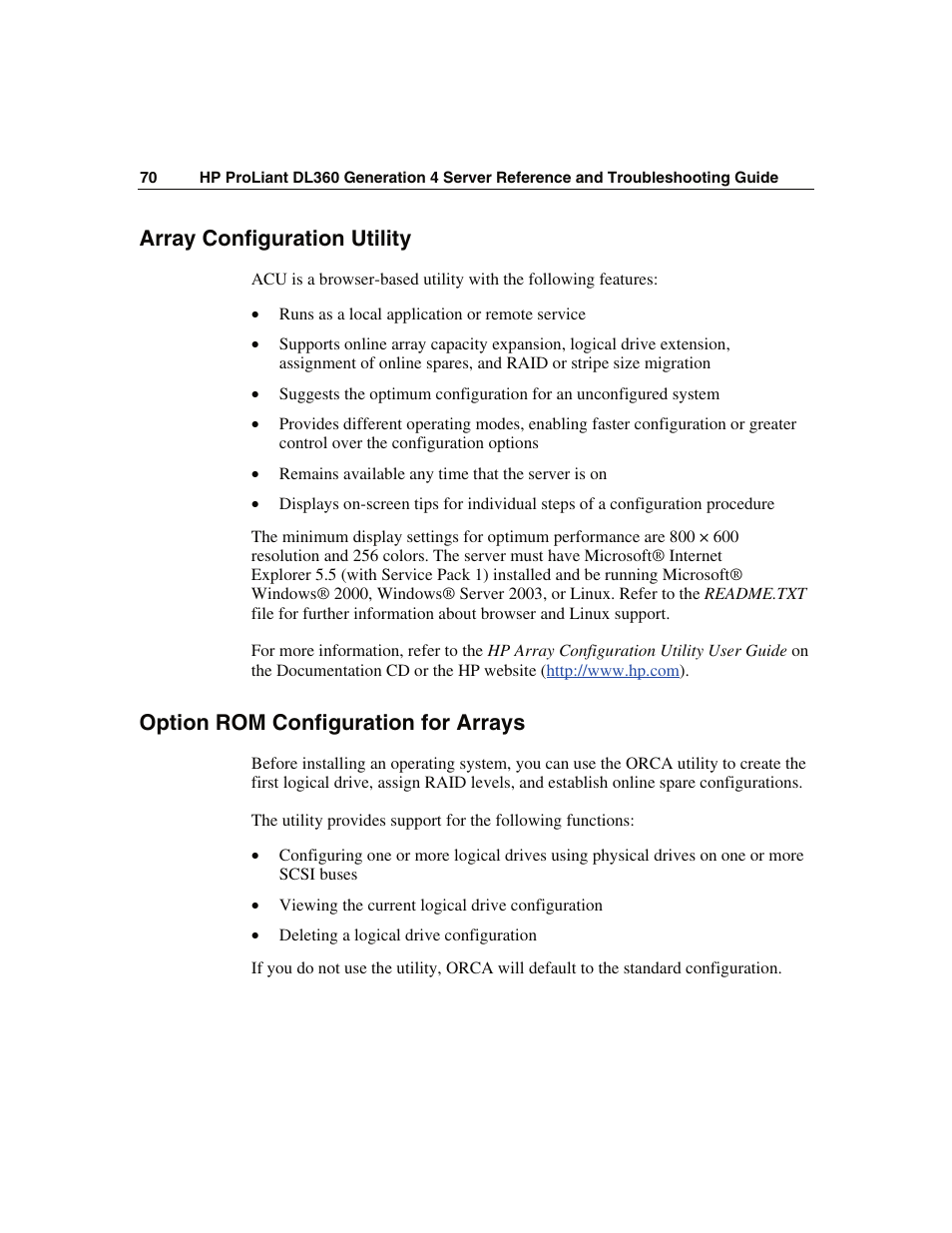 Array configuration utility, Option rom configuration for arrays | WHP Wireless DL360 User Manual | Page 70 / 246