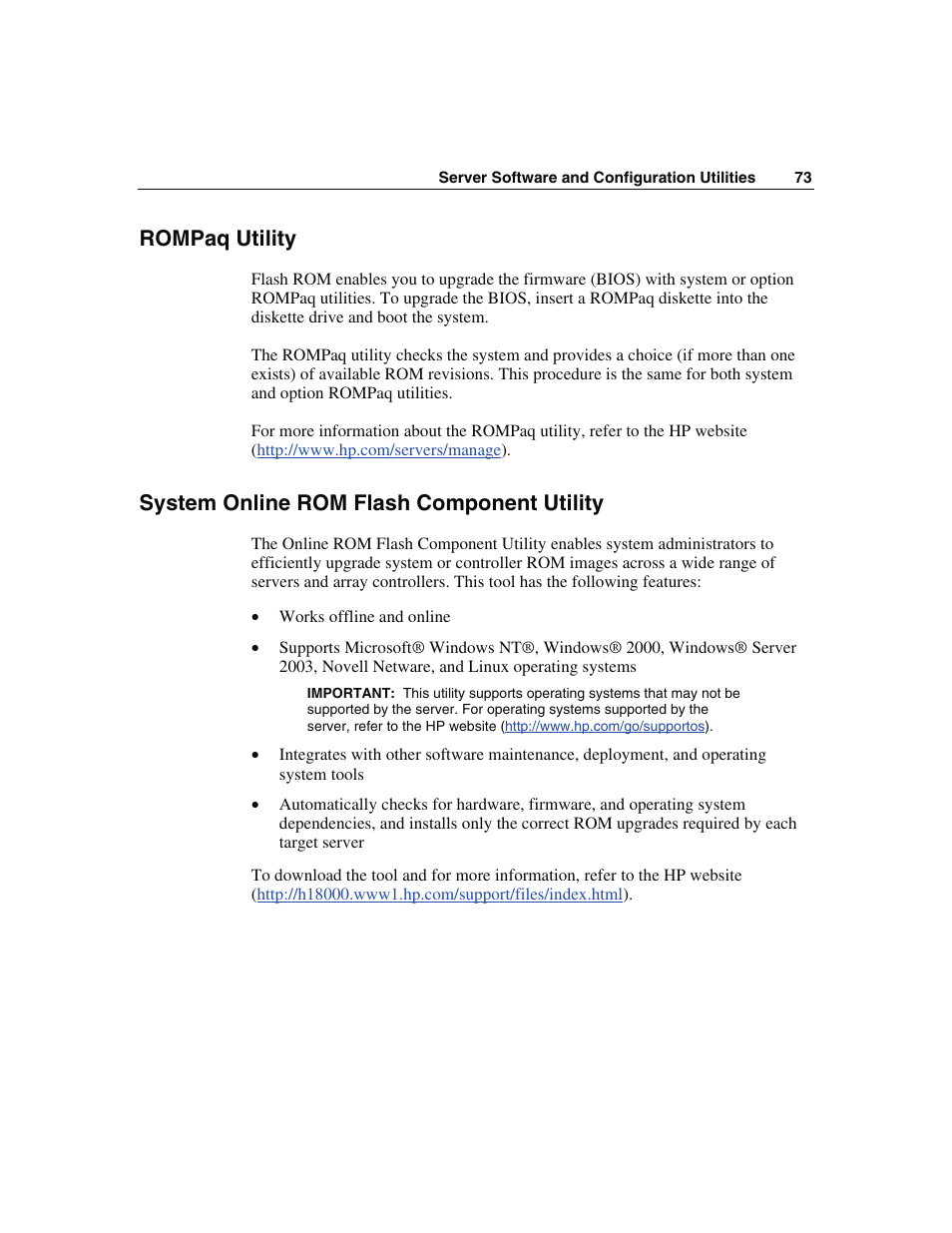 Rompaq utility, System online rom flash component utility | WHP Wireless DL360 User Manual | Page 73 / 246