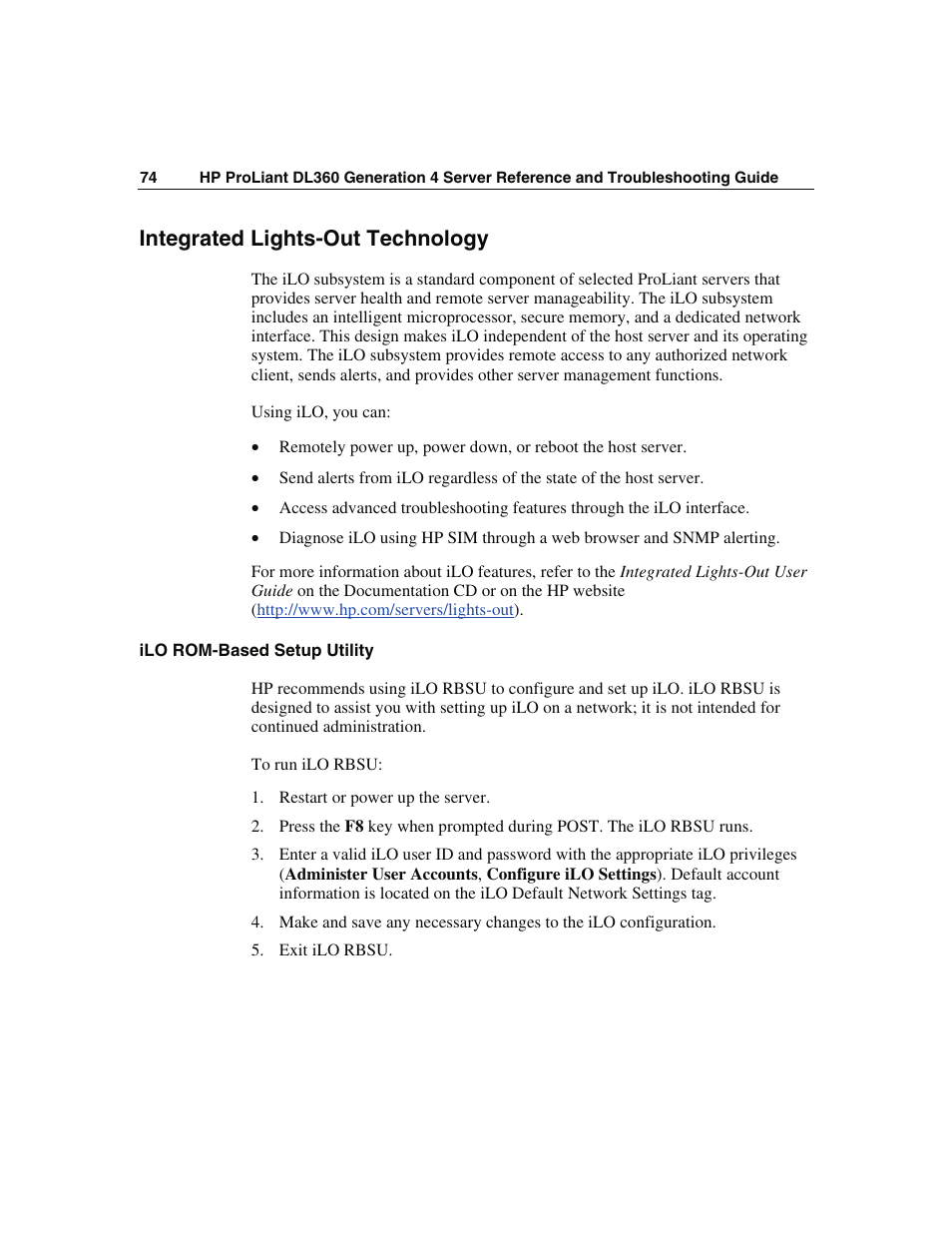 Integrated lights-out technology, Ilo rom-based setup utility | WHP Wireless DL360 User Manual | Page 74 / 246
