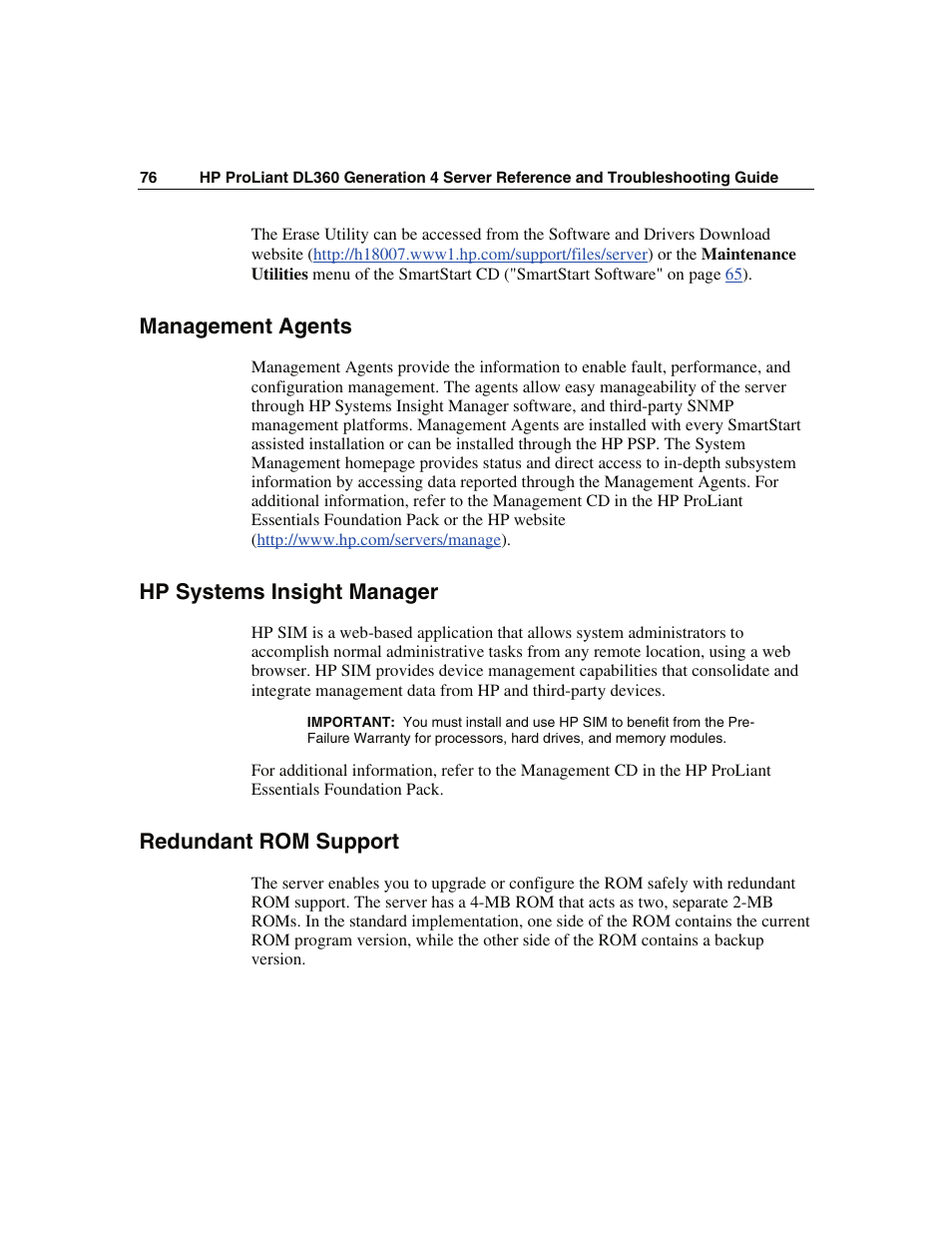 Management agents, Hp systems insight manager, Redundant rom support | WHP Wireless DL360 User Manual | Page 76 / 246