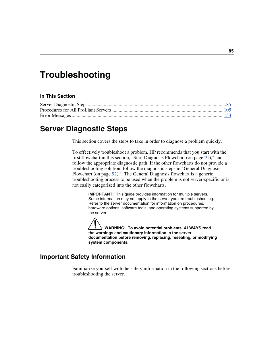 Troubleshooting, Server diagnostic steps, Important safety information | Troubleshooting 85 | WHP Wireless DL360 User Manual | Page 85 / 246